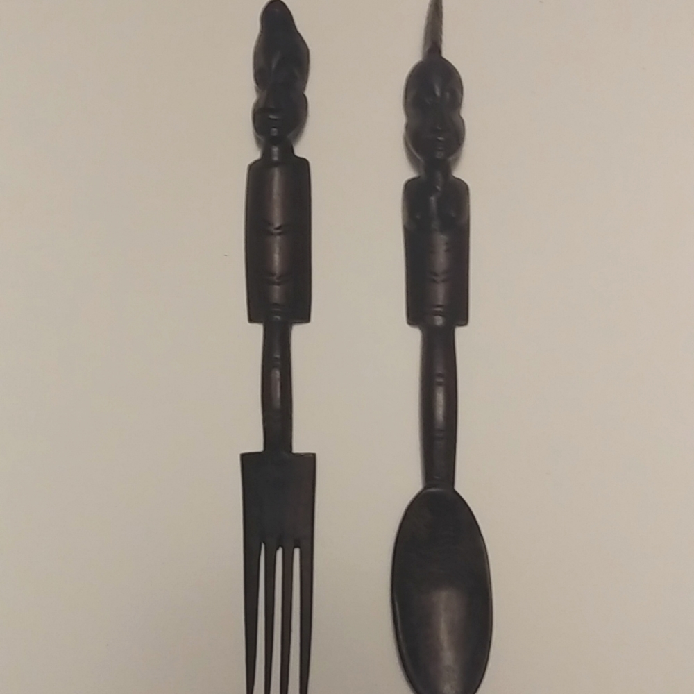 Vintage African hand carved ebony wood serving Set